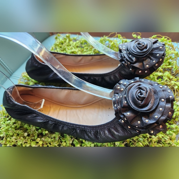 VALENTINO Black Luxe Leather Ornate Silver Studs Rosette Toes Ballet Flats Shoes - Picture 2 of 15